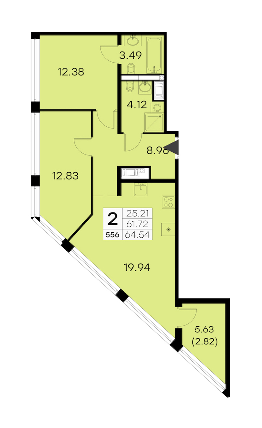 2-комнатная квартира 64.54 м², 16/19 эт., ЖК «GloraX Aura Vasileostrovsky»